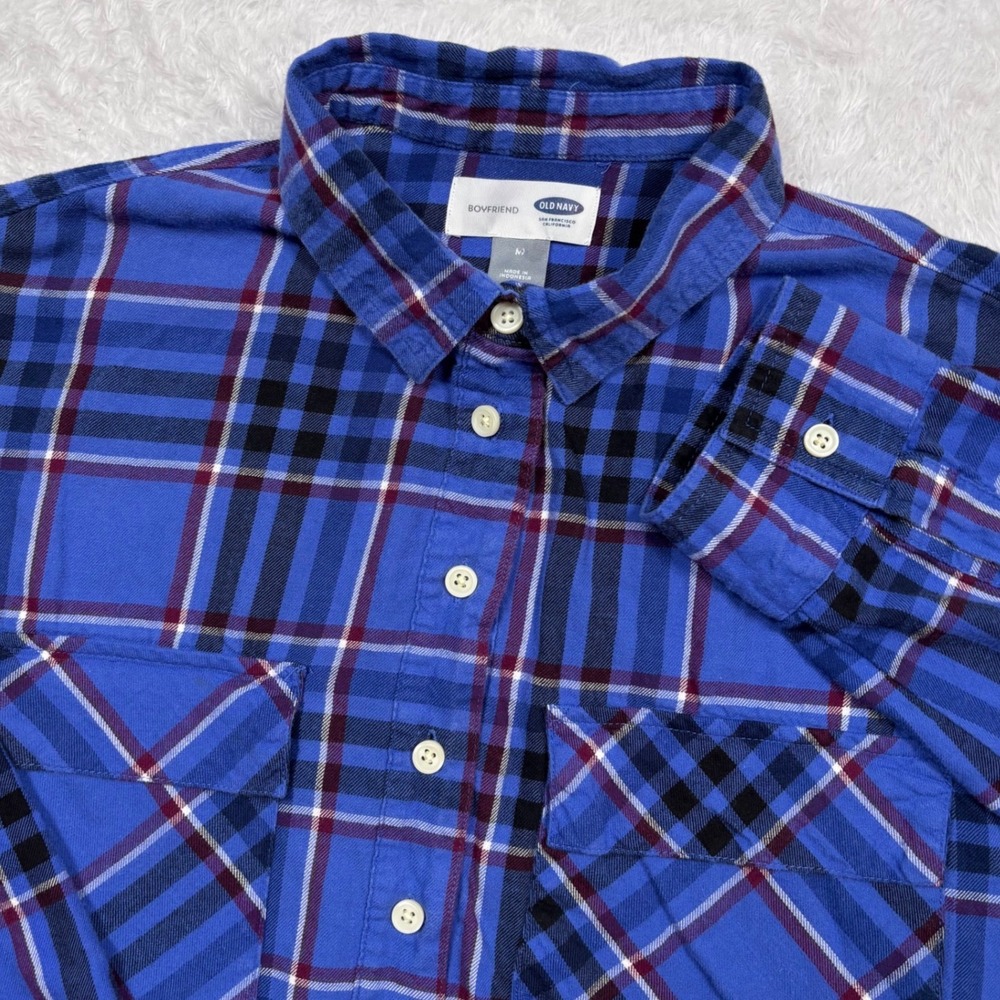 Old Navy Flannel Popover Shirt Womens M Blue Plaid Boyfriend Long Sleeve 755008